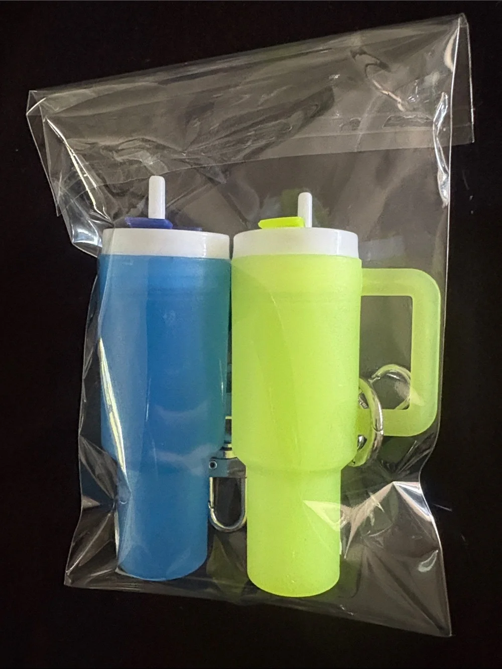 Yellow and Dark Blue Glow In The Dark Mini Tumbler Keychain Bag Charm Set